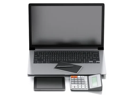 3d Office workplace with laptop pc. Illustrazione stock