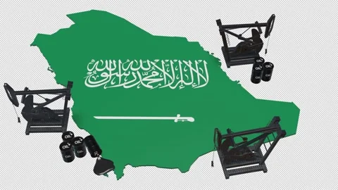 3D Oil Pump Jacks and Barrels on Saudi Arabia Map Flag Stock Footage 340312145