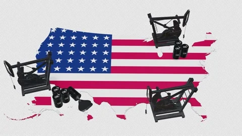 3D Oil Pump Jacks and Barrels on USA Map Flag Stock Footage 340319377