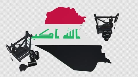 3D Oil Pump Jacks and Barrels on Iraq Map Flag Stock Footage 340383370