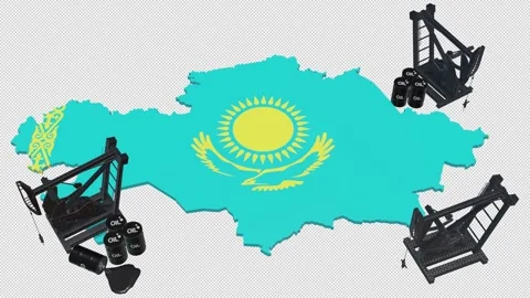 3D Oil Pump Jacks and Barrels on Kazakhstan Map Flag Video stock 340383416
