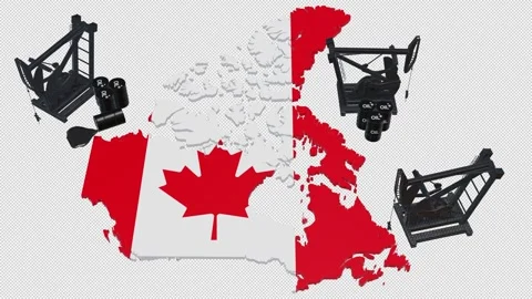3D Oil Pump Jacks and Barrels on Canada Map Flag Stock Footage 340383467