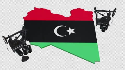 3D Oil Pump Jacks and Barrels on Libya Map Flag Stock Footage 340501188