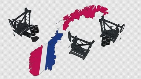 3D Oil Pump Jacks and Barrels on Norway Map Flag Stock Footage 340501197