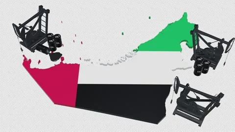 3D Oil Pump Jacks and Barrels on United Arab Emirates (UAE) Map Flag Stock Footage 340501199