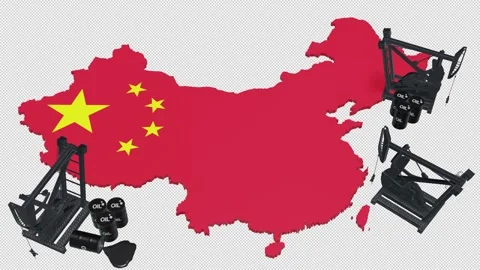 3D Oil Pump Jacks and Barrels on China Map Flag Stock Footage 340501206