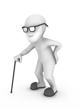 3d old man with cane and waist pain isolated on white background Stock Illustration