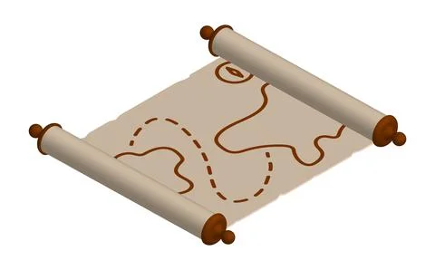 3d old map. Papyrus paper rolled up. Medieval letters and pirate treasure map Illustrazione stock