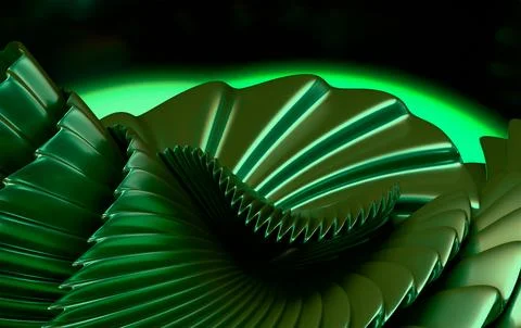 3D Olive Dark Green Corrugated Shell Form with Glowing Emerald Light 스톡 일러스트