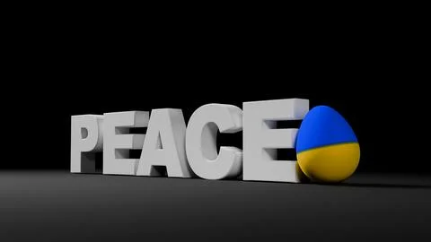 3D one egg with flag of Ukraine and white word peace on black background, E.. Stock Photos