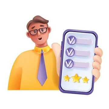 3D online customer survey, vector man character holding smartphone 스톡 일러스트