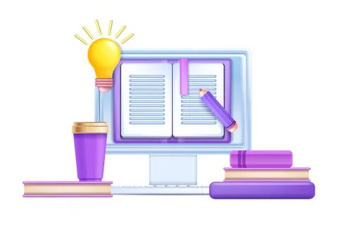 3D online education, vector digital course concept, e-book on computer screen Illustrazione stock