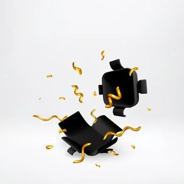 3D Open black gift box with flying gold confetti Stock Illustration