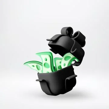 3D Open black gift box with green paper money Stock-Illustration