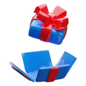 3D open blue gift box with red ribbon bow vector icon, realistic festive present Stock Illustration