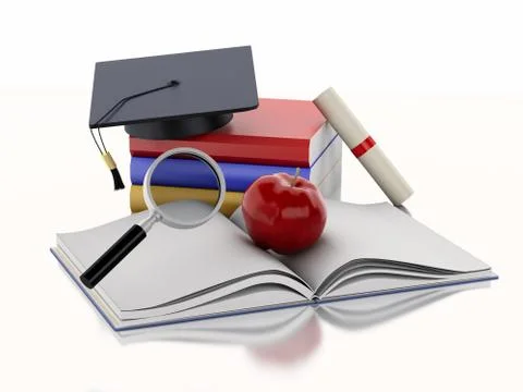 3d Open book with an Apple, Graduation cap, diploma and stack of Books. 스톡 일러스트