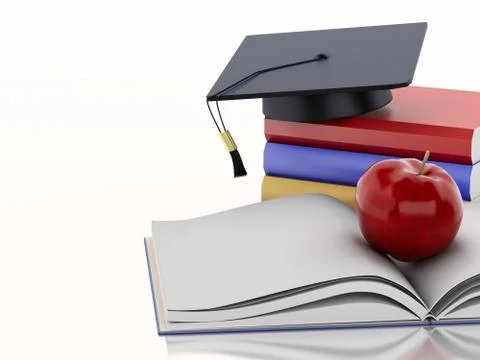 3d Open book with an Apple, Graduation cap and stack of Books. 스톡 일러스트