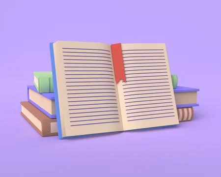 3D open book with educational textbooks on purple background Stock Illustration