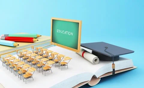3d Open book with objects. Education concept. Ilustração Stock