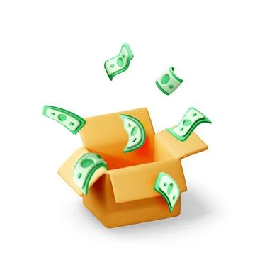 3D Open cardboard box with flying paper banknotes Stock Illustration