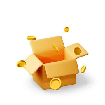3D Open cardboard box with flying gold coins Stock Illustration