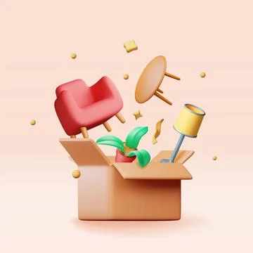 3D open cardboard box with home goods isolated Stock Illustration