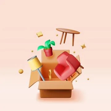 3D open cardboard box with home goods isolated Stock Illustration