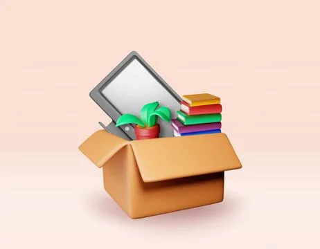 3D open cardboard box with home goods isolated. Stock-Illustration