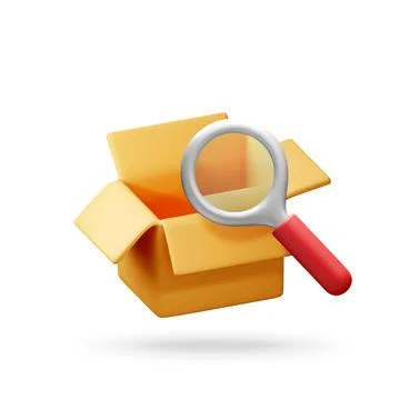 3D Open cardboard box with magnifying glass. Stock Illustration