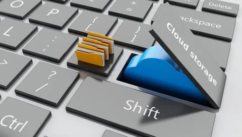 3d Open "cloud storage" button with folders and cloud coming out Stockillustratie