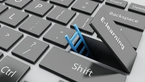 3d Open "E-learning" button with ladder coming out Illustrazione stock