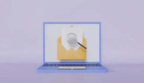3d open envelope with document and magnifying glass, Mail popup on laptop Stock Illustration