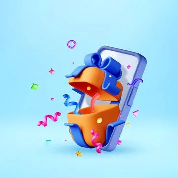 3D Open gift box with confetti on phone screen Stock Illustration