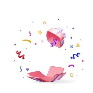 3D Open Gift Box With Falling Confetti. Illustrazione stock