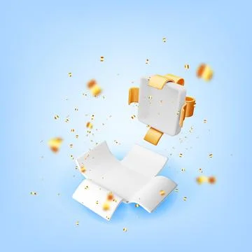 3D open gift box with falling confetti Stock Illustration