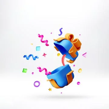 3D Open gift box with floating colorful confetti Stock Illustration