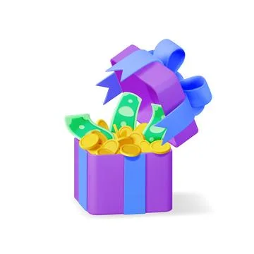 3D Open Gift Box Full of Gold Coins and Dollars イラスト素材
