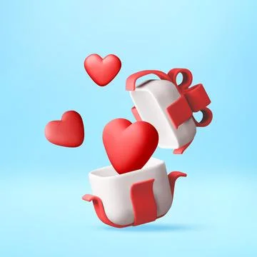 3D Open gift box with red bow and floating hearts Stock Illustration