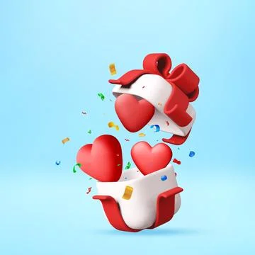 3D Open gift box with red hearts and confetti Stock Illustration