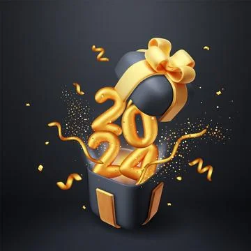 3D Open Gift Box with Sign 2024 and Confetti Stock Illustration