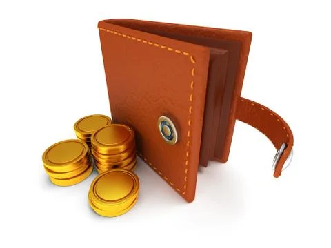 3d of open leather wallet and coins on white イラスト素材