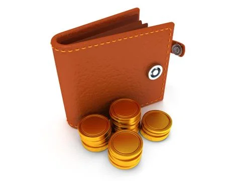 3d of open leather wallet and coins on white Stock Illustration