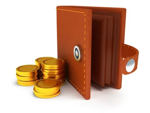 3d of open leather wallet and coins on white イラスト素材