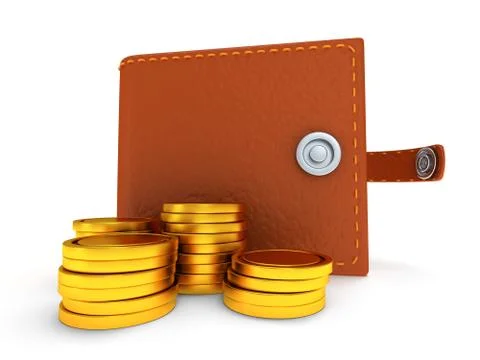 3d of open leather wallet and coins on white Stock Illustration