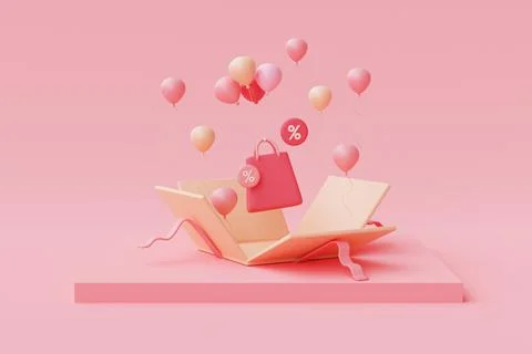 3d open pink gift boxes with shopping bag Stock Illustration