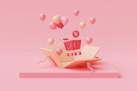 3d open pink gift boxes with shopping cart Stock Illustration