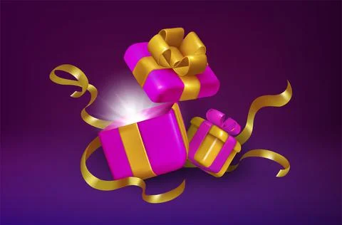 3d open realistic magic box. Holiday present with light and ribbon, surprise Stock Illustration
