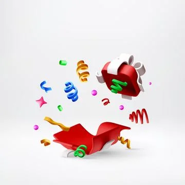 3D Open red gift box with flying confetti ribbons Stock Illustration