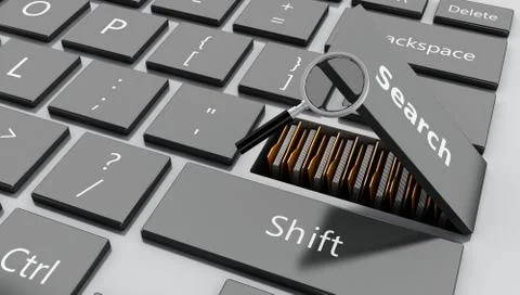 3d Open "search" button with folders and magnifying glass Stock Illustration