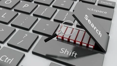 3d Open "search" button with yellow folders and magnifying glass Stock Illustration